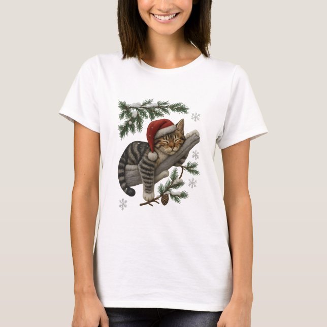 Funny Sleeping Christmas Cat with Santa Hat T-Shirt (Vorderseite)