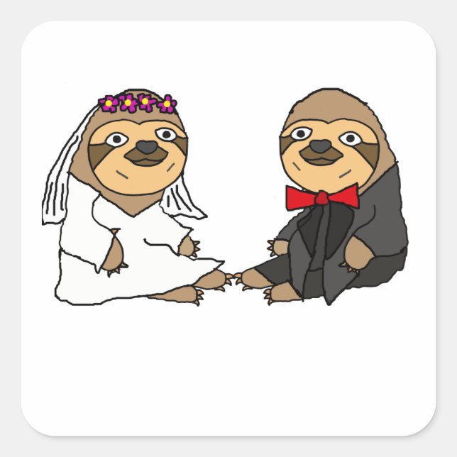 Funny Sloth Brie und Groom Wedding Quadratischer Aufkleber (Vorderseite)