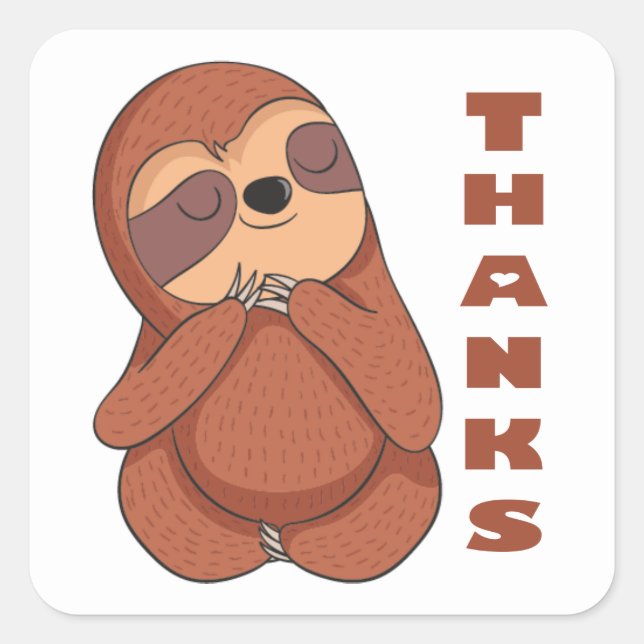 Funny Sloth Cartoon Brown Niedlich Danke Quadratischer Aufkleber (Vorderseite)
