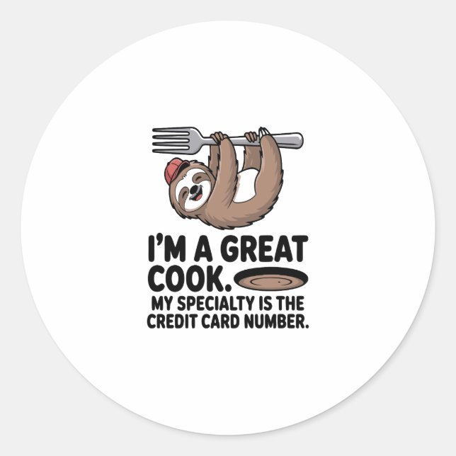 Funny Sloth Cook Hängt auf einer Gabel Runder Aufkleber (Vorderseite)