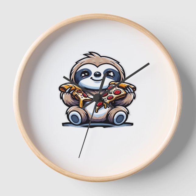 Funny Sloth frisst Pizza, Kawaii Animal drüben Uhr (Vorderseite)