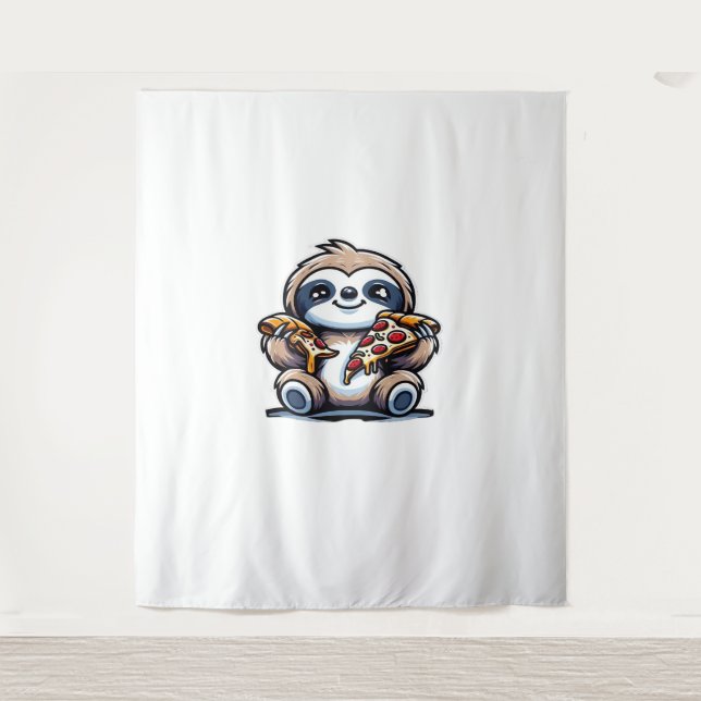 Funny Sloth frisst Pizza, Kawaii Animal drüben Wandteppich (Vorderseite)