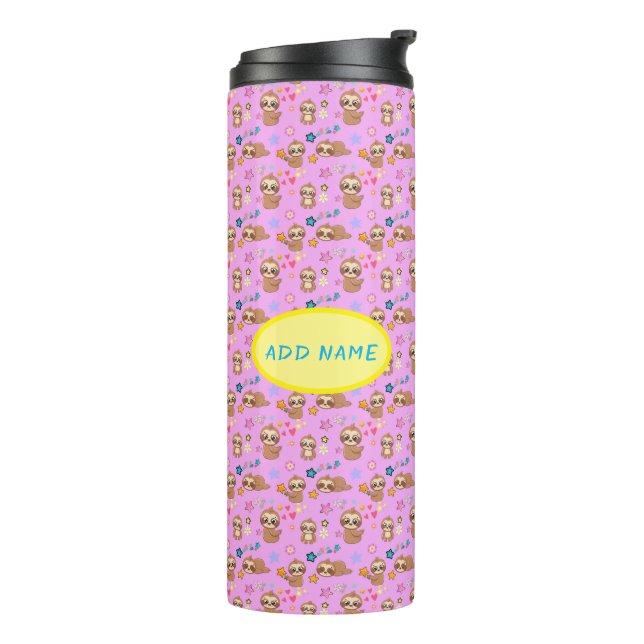Funny Sloth Hearts Blumenrosa Muster | Name hinzuf Thermosbecher (Nach links gedreht)