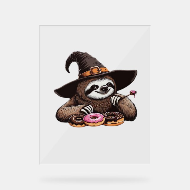 Funny Sloth in Witch Hat geniessen Donuts - Niedli Acrylschild (Vorderseite)
