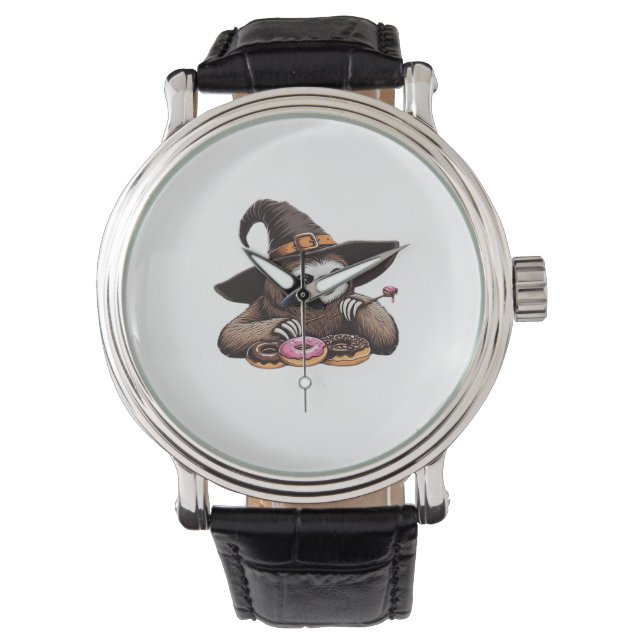 Funny Sloth in Witch Hat geniessen Donuts - Niedli Armbanduhr (Vorderseite)