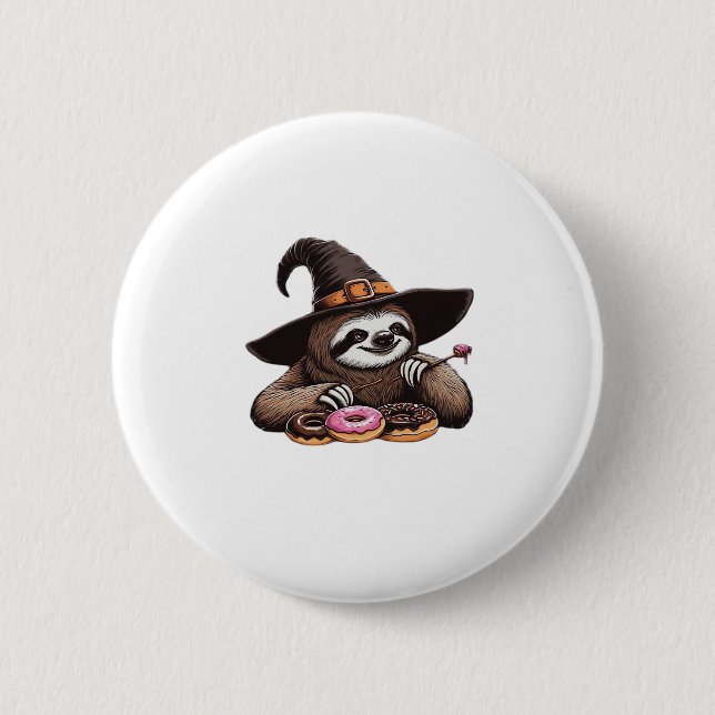 Funny Sloth in Witch Hat geniessen Donuts - Niedli Button (Vorderseite)