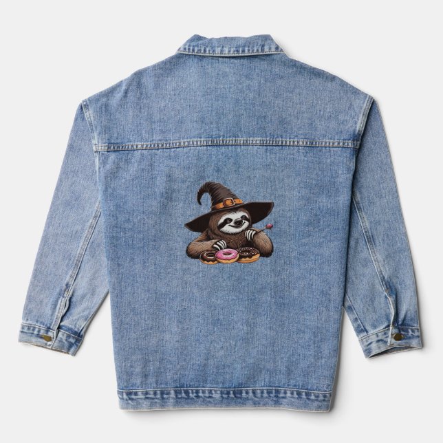 Funny Sloth in Witch Hat geniessen Donuts - Niedli Jeansjacke (Rückseite)