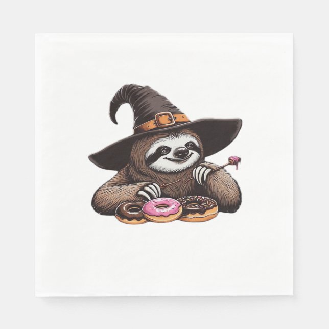 Funny Sloth in Witch Hat geniessen Donuts - Niedli Serviette (Vorderseite)
