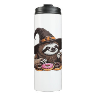 Funny Sloth in Witch Hat geniessen Donuts - Niedli Thermosbecher