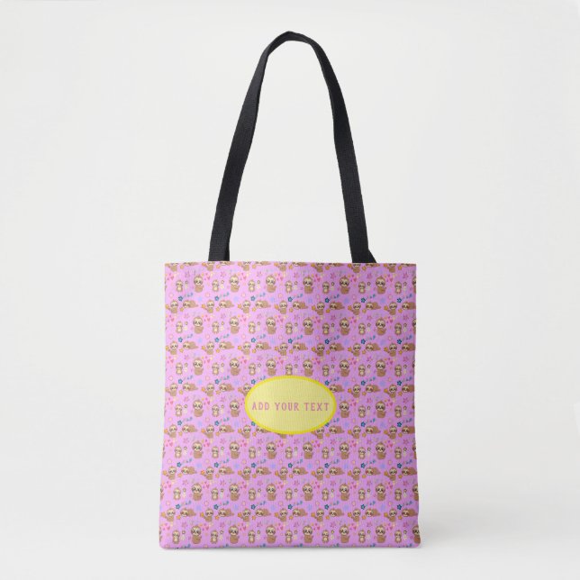 Funny Sloth Pink Floral Pattern | Text hinzufügen Tasche (Vorderseite)