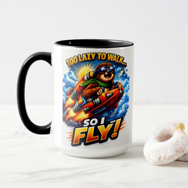 Funny Sloth Rocket Meme, Too Lazy to Walk So I Fly Tasse (Mit Donut)