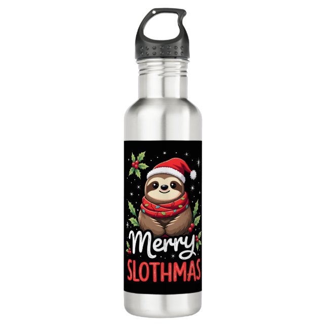 Funny Sloth Xmas Lights Merry Slothmas Sloth Chris Edelstahlflasche (Vorderseite)
