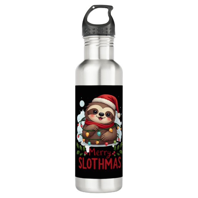 Funny Sloth Xmas Lights Merry Slothmas Sloth Chris Edelstahlflasche (Vorderseite)