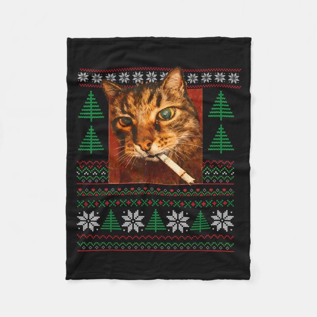Funny Smoking Cat Meme Christmas Ugly  Fleecedecke (Vorderseite)