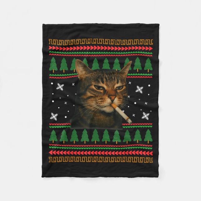 Funny Smoking Cat Meme Christmas Ugly Sweater Cat  Fleecedecke (Vorderseite)