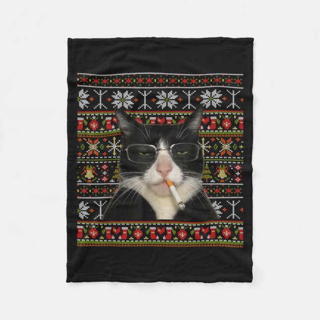 Funny Smoking Cat Meme Christmas Ugly Sweater Cat  Fleecedecke (Vorderseite)