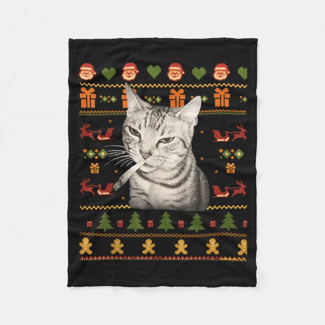 Funny Smoking Cat Meme Christmas Ugly Sweaters For Fleecedecke (Vorderseite)