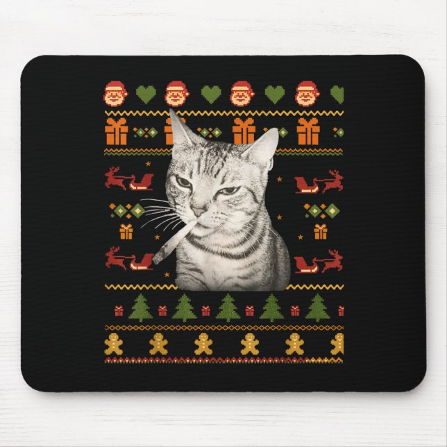 Funny Smoking Cat Meme Christmas Ugly Sweaters For Mousepad (Vorne)