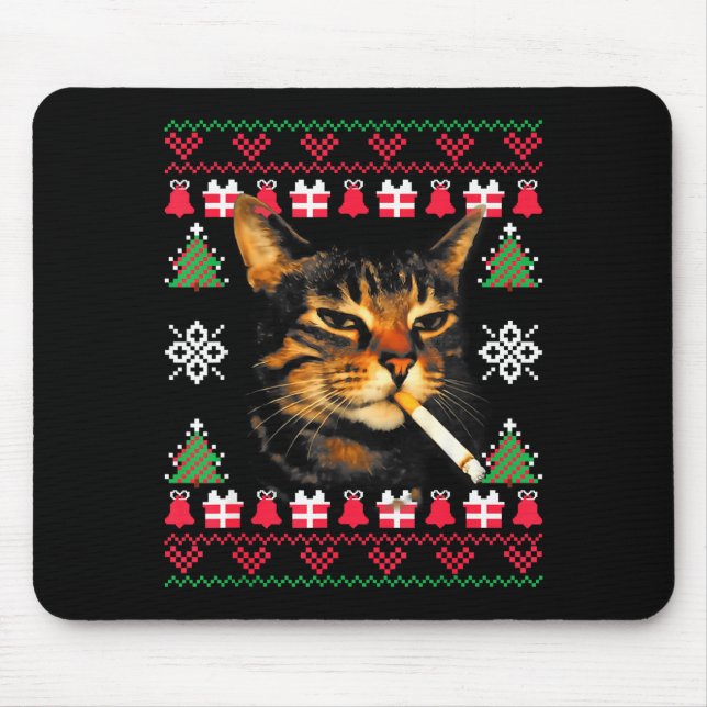 Funny Smoking Cat Meme Ugly Christmas Sweater For  Mousepad (Vorne)