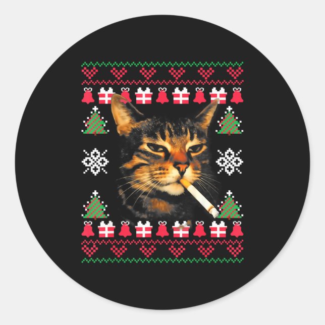 Funny Smoking Cat Meme Ugly Christmas Sweater For  Runder Aufkleber (Vorderseite)