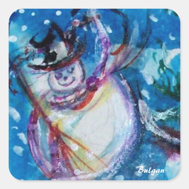 FUNNY SNOWMAN IN WINTERNACHT QUADRATISCHER AUFKLEBER (Vorderseite)