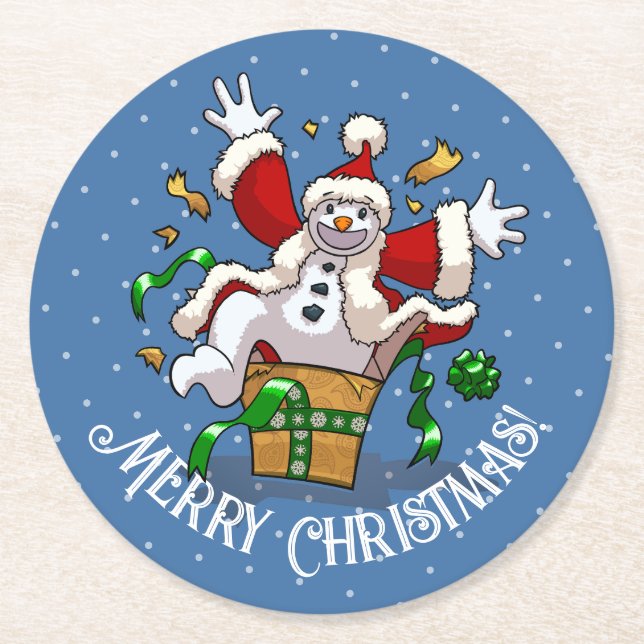 Funny Snowman Merry Christmas Surprise Cartoon Runder Pappuntersetzer (Vorderseite)