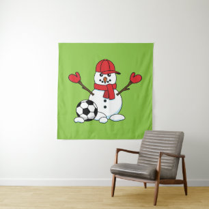 Funny Snowman mit Fußball Wandteppich