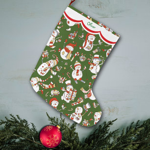 Funny Snowman Pattern auf Grün Großer Weihnachtsstrumpf