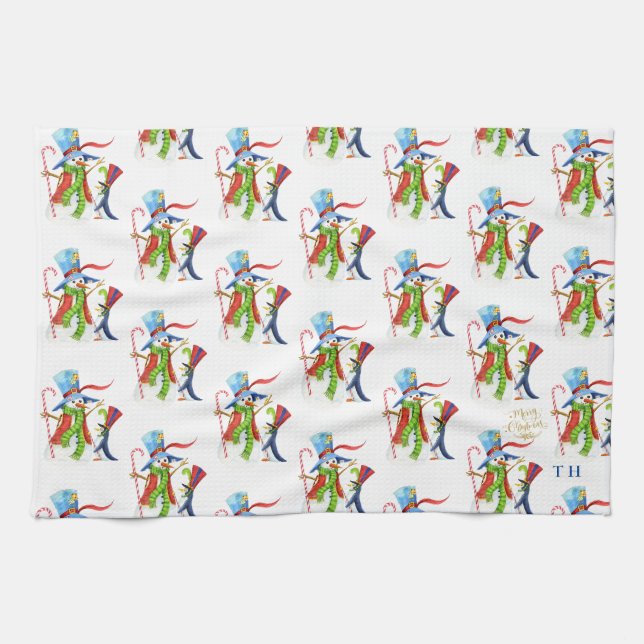 Funny Snowman Penguin Gold Glitzer Frohe Weihnacht Geschirrtuch (Horizontal)