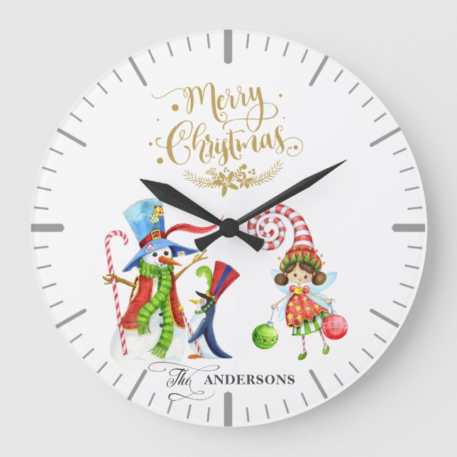 Funny Snowman Penguin Gold Glitzer Frohe Weihnacht Große Wanduhr (Vorderseite)