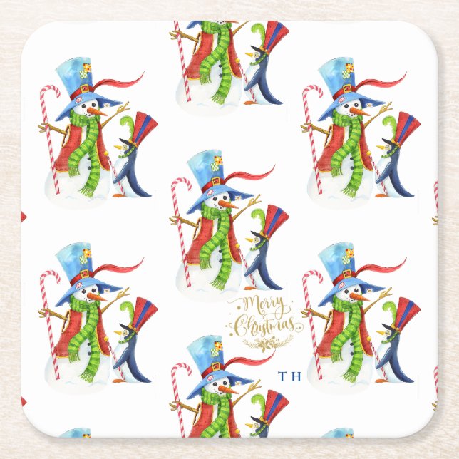 Funny Snowman Penguin Gold Glitzer Frohe Weihnacht Rechteckiger Pappuntersetzer (Vorderseite)