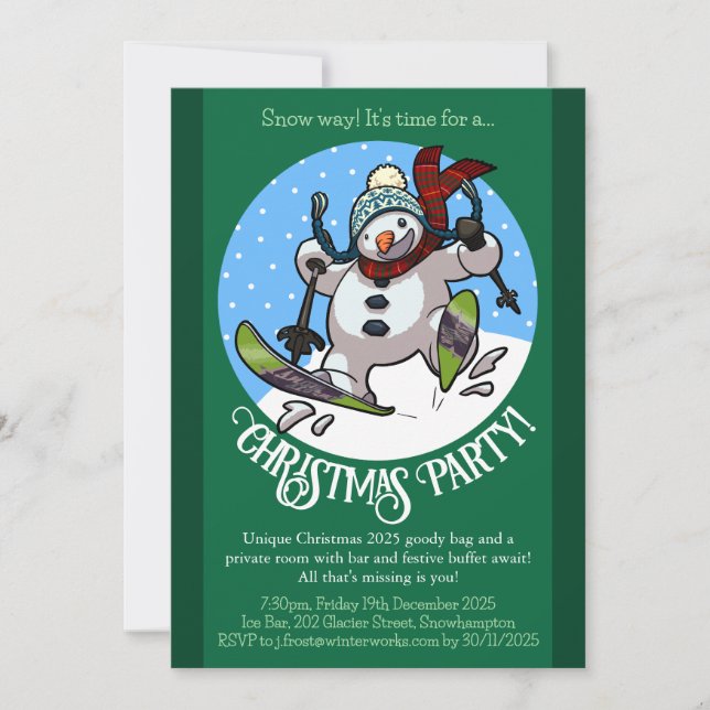 Funny Snowman Skifahren Weihnachts-Party Jahr Cart Einladung (Vorderseite)