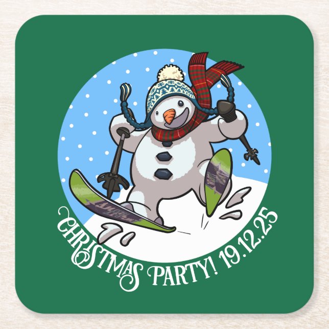 Funny Snowman Skifahren Weihnachts-Party Jahr Cart Rechteckiger Pappuntersetzer (Vorderseite)