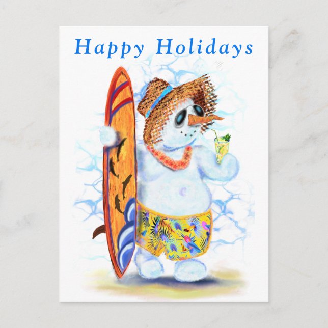 Funny Snowman Surfer Happy Holidays Cards Postkarte (Vorderseite)