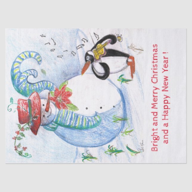 FUNNY SNOWMAN UND PENGUIN'S WINTER SERENADE SEIDENPAPIER (Vorderseite)