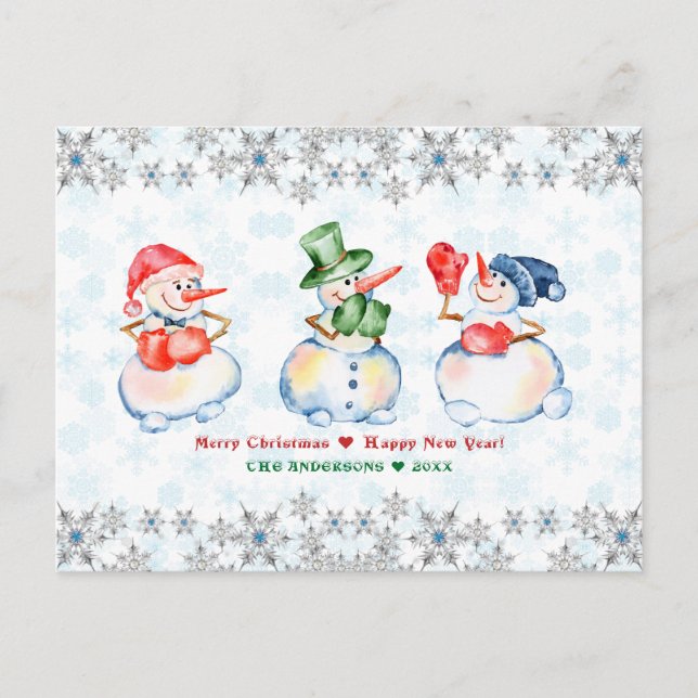 Funny Snowmen Frohe Weihnachtskristalle Snowflakes Postkarte (Vorderseite)