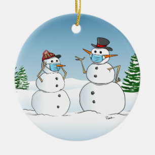 Funny Snowmen Tragen Gesichtsmasken 2021 Weihnacht Keramik Ornament