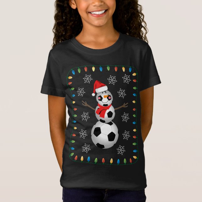 Funny Soccer Ball Snowman Weihnachtsmannmütze Scar T-Shirt (Vorderseite)