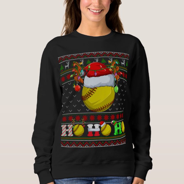 Funny Softball Ball Xmas Tree Lights Ugly Christma Sweatshirt (Vorderseite)