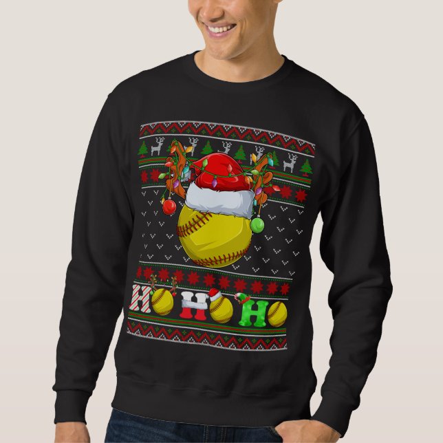 Funny Softball Ball Xmas Tree Lights Ugly Christma Sweatshirt (Vorderseite)