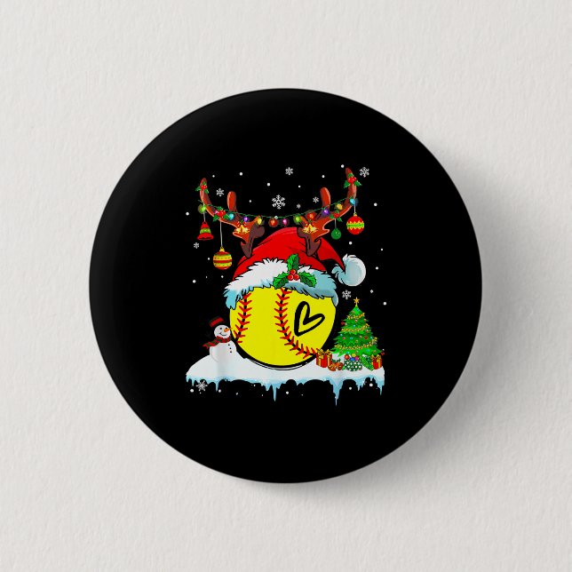 Funny Softball Christmas Reindeer Santa Hat Lights Button (Vorderseite)