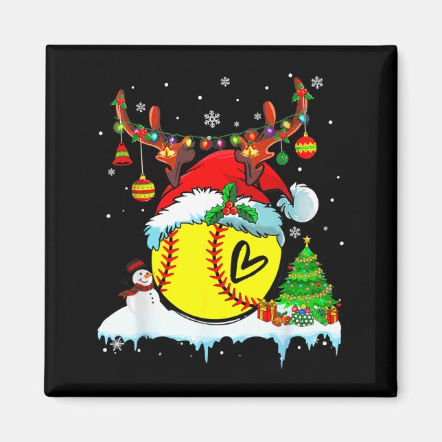 Funny Softball Christmas Reindeer Santa Hat Lights Magnet (Vorne)