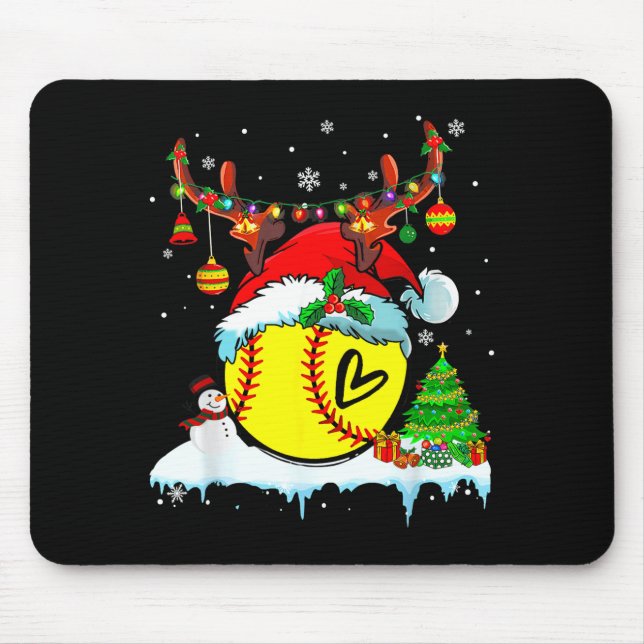 Funny Softball Christmas Reindeer Santa Hat Lights Mousepad (Vorne)