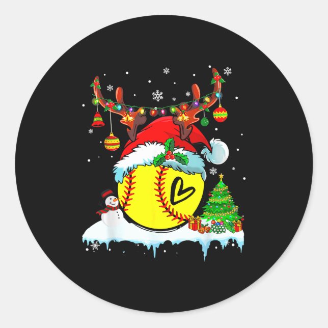 Funny Softball Christmas Reindeer Santa Hat Lights Runder Aufkleber (Vorderseite)