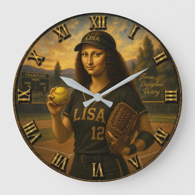  Funny Softball Mona Lisa Pitcher Gift  Große Wanduhr (Vorderseite)