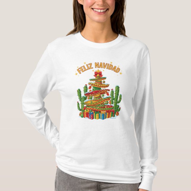 Funny Sombrero Stack Christmas Tree Feliz Navidad T-Shirt (Vorderseite)