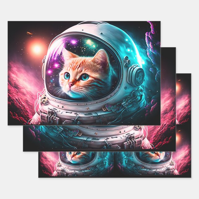 Funny Space Cat Astronaut Kitty Galaxy Universe Geschenkpapier Set (Set)