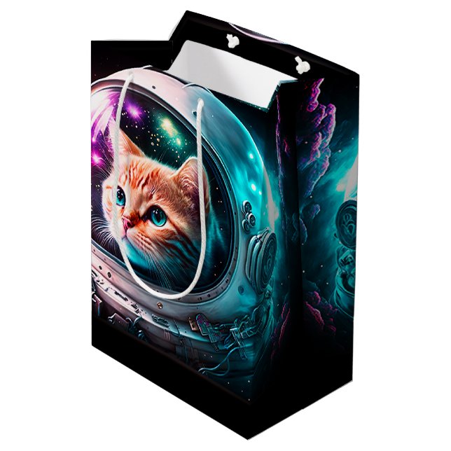 Funny Space Cat Astronaut Kitty Galaxy Universe Mittlere Geschenktüte (Rückseite Schrägansicht)