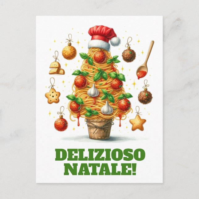 Funny Spaghetti Weihnachtsbaum Delizioso Natale! Postkarte (Vorderseite)