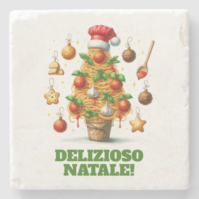 Funny Spaghetti Weihnachtsbaum Delizioso Natale! Steinuntersetzer (Vorderseite)